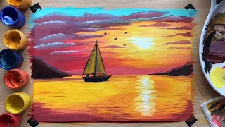 Рисунок заката гуашью | Drawing sunset gouache paints