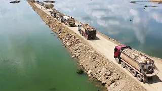 Amazing Base Boundary Building In Water Bulldozer Pushing Clearing Rock Dirt Dump Truck Unloading