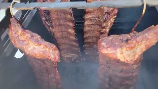 Hanging Ribs in a Hasty Bake Roughneck Smoker