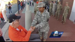 Clemson cadet thanks WWII veteran, cries at his response