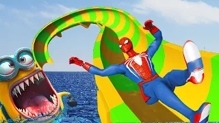 Spiderman Water Ragdolls on EPIC Giant Water Slide in GTA 5 Episode 6