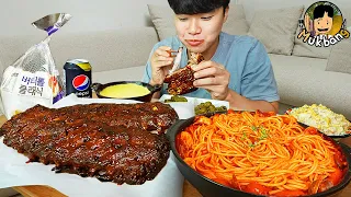 ASMR MUKBANG | Fire Noodles pasta, cheese fondue, pork back ribs korean food recipe ! eating