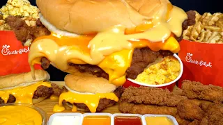 ASMR MUKBANG CHICK-FIL-A CRISPY CHICKEN BURGERS, FRIES, MAC N CHEESE, NUGGETS | WITH CHEESE