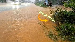 Massive Flooding The Road Strong Flowing Water During Heavy Rain On Street