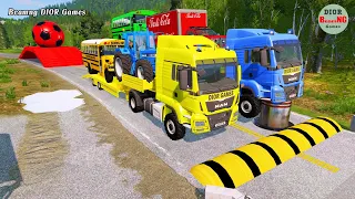 Double Flatbed Trailer Truck cars vs rails tractor vs train cars vs bollards Beamng Drive 575