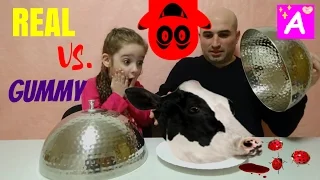 gummy food vs real food video Обычная Еда против Мармелада kids react with gummy challenge