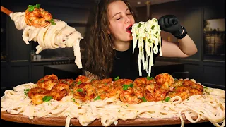 CREAMY FETTUCCINE ALFREDO PASTA WITH SHRIMP MUKBANG | SEAFOOD MUKBANG | ASMR EATING | ASMR FOOD