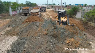 Excellent Activities Work Techniques Build New Road Bulldozer Pushing Soil With Extreme Dump Trucks