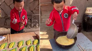 Rural Little Boy Cooking Food By Himself