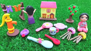 DIY How to make polymer clay miniature house, kitchen set, Doll , tree and Village House