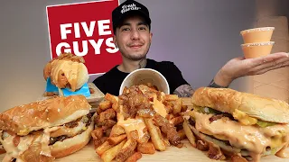 MUKBANG EATING "Animal-Style" Five Guys Burgers, Cheese Dog and Cajun Fries