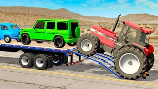 Tractor Cars Transportation with Truck on Flatbed Trailer - Pothole vs Car #2 - BeamNG.Drive