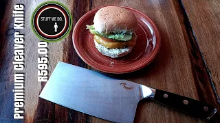 Premium Cleaver Knife R595.00 by Pickled Steel and we are making delicious burgers on the fire.