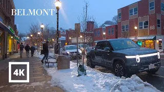 4K Cozy Evening Walk Snowing in Belmont Center Boston | ASMR City Sounds