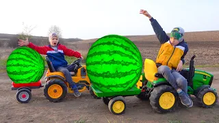 Damian and Darius have sown watermelon seeds They picked and filled their tractors