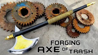 Hand FORGING a War AXE Out of Rusted IRON GEAR - Razor Sharp