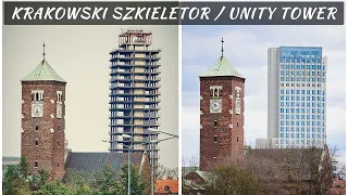 Krakow's monument PRL - "Skeletor" present modern Unity Tower