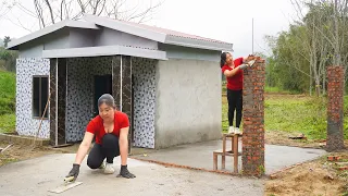 Strong girl build kitchen house:Concrete floor strips and build pillars with bricks