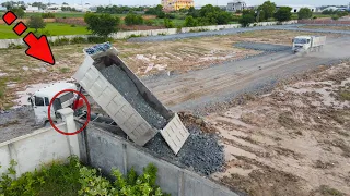 Excellent Really Skill Operator Bulldozer Pushing Stone Build Road with Dump Truck Transport Stone