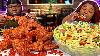 AJ'S HOMEMADE SWEET & SOUR BUFFALO WINGS + CEASAR PASTA SALAD! | MUKBANG EATING SHOW