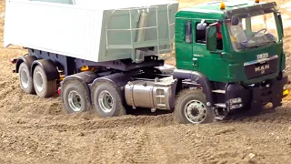 RC TRUCKS STUCKING// RC DUMP TRUCK HEAVY LOADED BY VOLVO DIGGER// RC MB AROCS WITH SEMI TRAILER