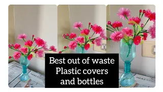 Beautiful flowers made with plastic carry bags and bottles/Flower Vase made with waste plastics