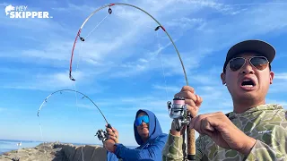 CRAZY FISHING ACTION W/ TWO TINY RODS ON THE JETTY!