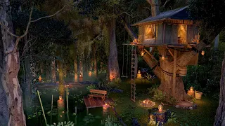 Tropical Rainforest Ambience 🏕️🌙 nature sounds for sleep 10 hours, rain on leaves & cozy treehouse.