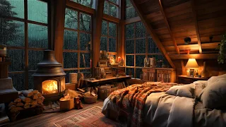 Cozy Hut Ambience in Deserted Forest 🌧️ Soft Jazz Music 🌧️ Rain Sounds & Crackling Fire