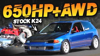 650HP AWD Civic CRAZY FAST Acceleration on the Street! (Low 9s 1/4 Mile Honda on Street Tires )