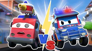 POLICE TRUCK vs. FIRETRUCK! Who will win? | Emergency Vehicles for Kids