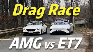 China EV NIO ET7 drag race vs. Merc C63
