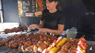 Street Food from Peru, South America. Beef Skewers on Grill, London