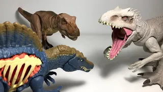 Unexpected Alliance! T-Rex, Spinosaurus vs Indominus Rex - Jurassic World Battles