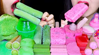 ASMR PINK + GREEN DESSERTS (ICE CREAM BARS, MOCHI, JELLY, MACARON, KITKAT, BUBBLY CHOCOLATE CONES 먹방