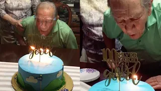 100 Years Old Grandpa Tries To Blow Out Candles With Face Shield On