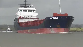 General cargo ship FRI PORSGRUNN 89 x 13m leaving Mornington. 29 March 2024.