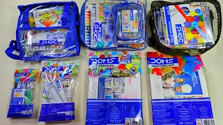 unboxing collection of doms kit, stationery set, eraser, pencil, pen, collection of colours, art set