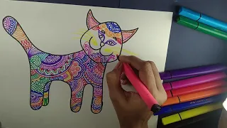 Colourful Zentangle Cat Patterns!! How to draw Cat with Patterns easy method # Zentangle art....
