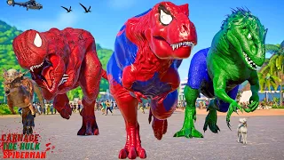 MEGA SPIDERMAN VS VENOM, HULK, CARNAGE, JOKER, NINJA TURTLE Hero Dinosaurs Fight in Dino Universe!