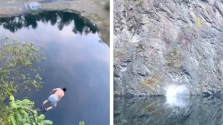 Daring Diver Jumping Off 35-Metre-High Cliff