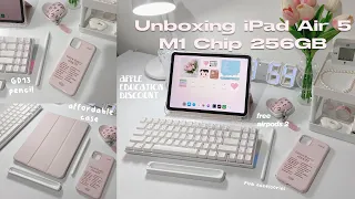 ipad air 5 (pink) unboxing | free airpods +  accessories and apple education discount 2022