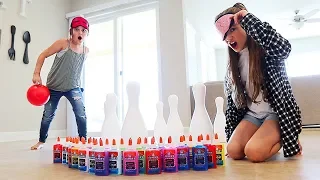 BLINDFOLDED GIANT BOWLING SLIME CHALLENGE!