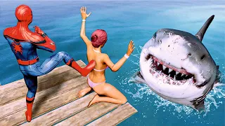 GTA 5 CRAZY Water Ragdolls SPIDERMAN vs SHARK Funny Moments