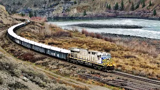 Massive Canadian Freight Trains Curving Thru The Thompson Canyon