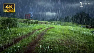 Walking in the rain atmosphere with thunderstorm in beautiful village | Walking in heavy rain | ASMR