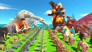 Ice Age War - Ice Age Team VS Fire Team Burning Godzilla - Animal Revolt Battle Simulator