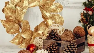 Gold Wreath Magnolia Leaf with Glitter 24" Perfect for Front Door Indoor and Outdoor Christmas Decor