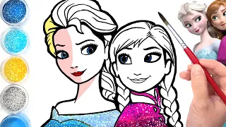 Glitter Frozen Elsa Anna drawing and coloring | Frozen Elsa Coloring Pages