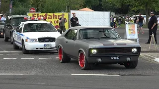 Classic US & Muscle Cars leaving a Car Show in Grefrath-Cuda, Bel Air, Chevelle, Roadrunner,Hot Rods